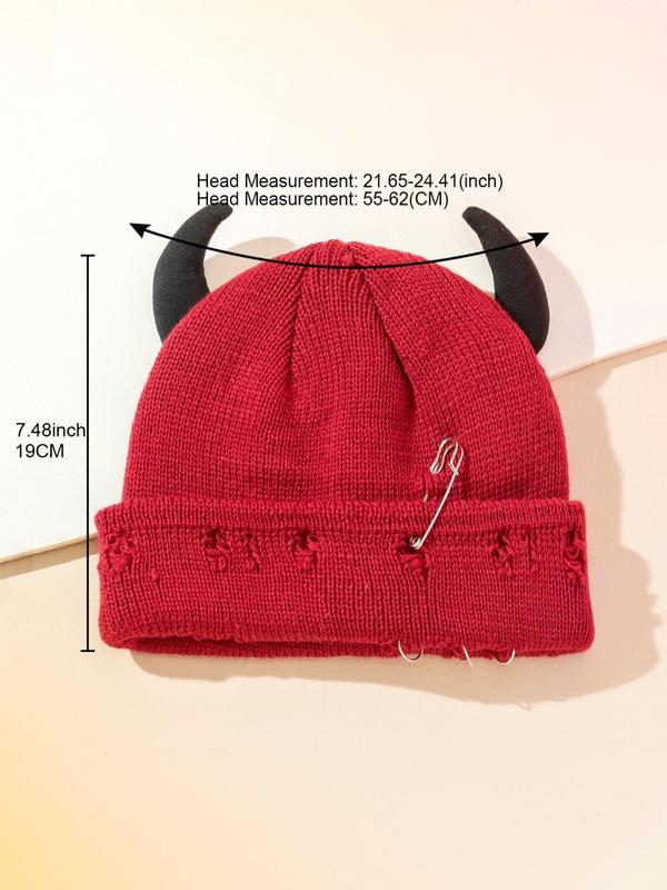 Cute Bull Head Decor Beanie Hat, Hip Pop Street Style Ring & Safety Pin Decor Ripped Knit Hat for Fall & Winter, Warm Winter Knit Beanie Hat, Fashion Knitwear Beanie for Women & Men Fall, Fall Outfits Black Girl