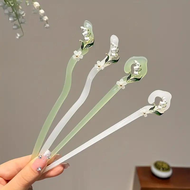 Flower Decorated Hair Pin (4pcs set), Jadeite Hairpin, Heatless Styling Tool for Women & Girls