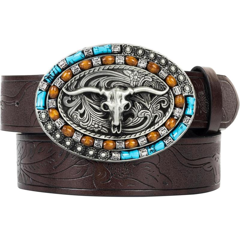 Women and Men Western-Turquoise-Belt Cowgirl-Belt - Vintage Coffee Embossed-PU-Leather-Belt for Jeans Pants