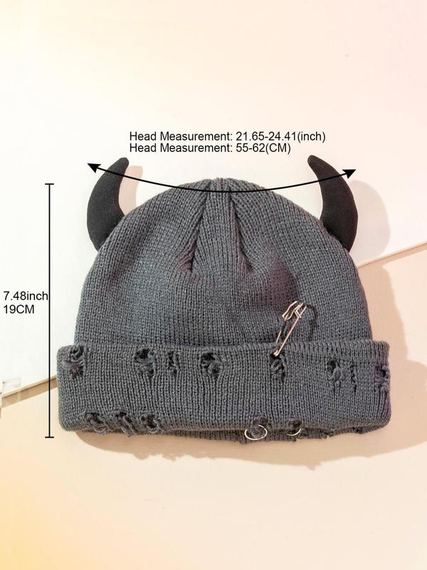 Cute Bull Head Decor Beanie Hat, Hip Pop Street Style Ring & Safety Pin Decor Ripped Knit Hat for Fall & Winter, Warm Winter Knit Beanie Hat, Fashion Knitwear Beanie for Women & Men Fall, Fall Outfits Black Girl