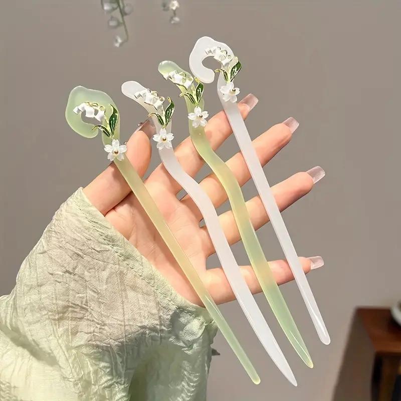 Flower Decorated Hair Pin (4pcs set), Jadeite Hairpin, Heatless Styling Tool for Women & Girls