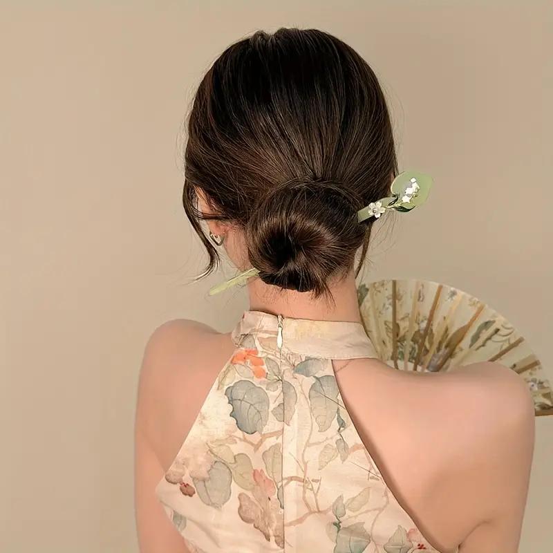 Flower Decorated Hair Pin (4pcs set), Jadeite Hairpin, Heatless Styling Tool for Women & Girls