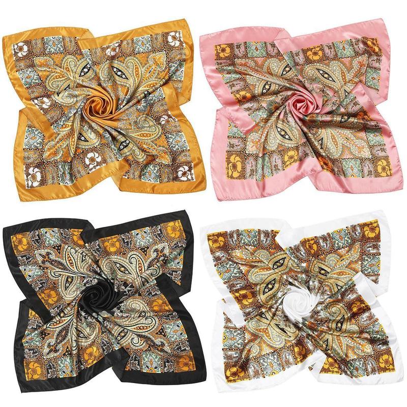 4PCS Set 35'' Printed Square Head Scarf Neck Scarves for Women Silk Like Hair Kerchief Bandanas Neck Scarf Sleeping Head Wraps Hair Band Headscarf Female Hair Accessories