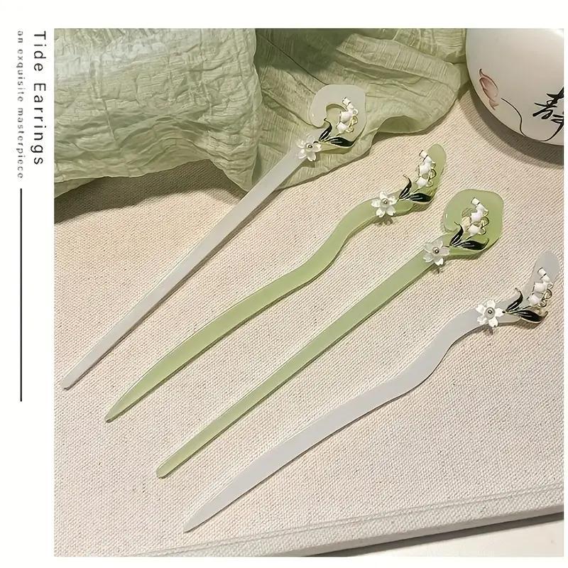 Flower Decorated Hair Pin (4pcs set), Jadeite Hairpin, Heatless Styling Tool for Women & Girls