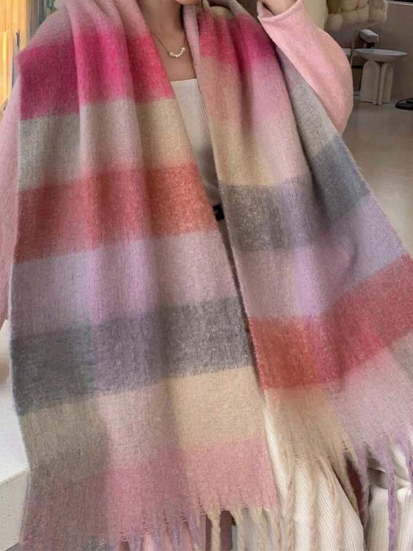 Colorful Plaid Pattern Tassel Decor Scarf, Women's Elegant Soft Warm Long Shawl, Fashion Accessories for Fall & Winter