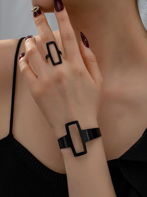 Women's Elegant Hollow Out Geometric Design Ring & Cuff Bracelet, Fashion Jewelry for Party, Daily Decor, Trendy All-match & Exquisite Jewelry for Birthday Gift