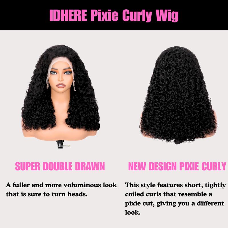 IDHERE Curly Hair 13x4 Lace Front Wig Pixie Cut Wig Human Hair Preplucked with Baby Hair, 10A Pixie Curly Wig Brazilian Human Hair, Super Double Drawn 200% Density