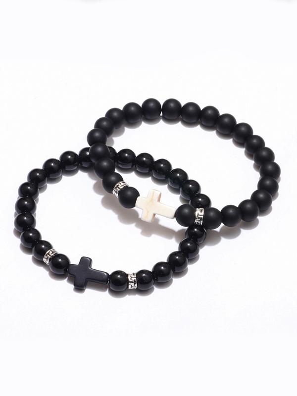 Men's Simple Cross & Bead Design Elastic Beaded Bracelet (2pcs), Fashion Jewelry for Party, Daily Clothing Decor, Trendy All-match & Exquisite Jewelry for Birthday Gift