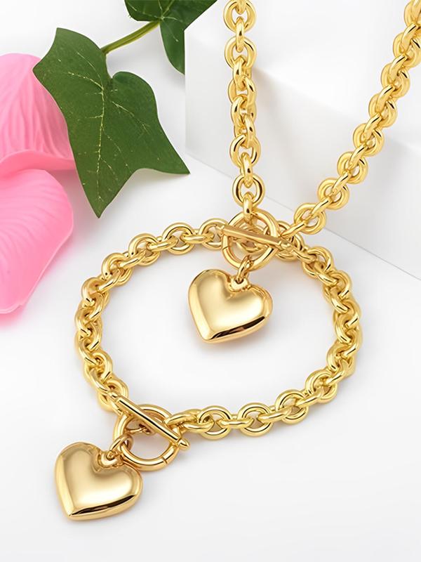 Cute Heart Shaped Pendant Necklace & Bracelet, Stainless Steel Jewelry Set for Party, Daily Decor, Trendy All-match & Exquisite Jewelry for Birthday Gift