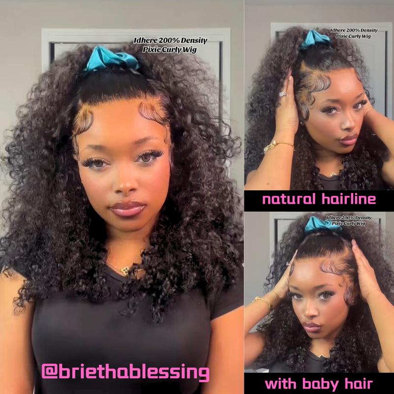 IDHERE Curly Hair 13x4 Lace Front Wig Pixie Cut Wig Human Hair Preplucked with Baby Hair, 10A Pixie Curly Wig Brazilian Human Hair, Super Double Drawn 200% Density