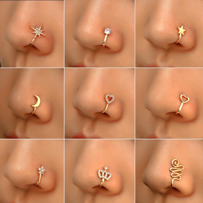 Non-Piercing Nose Rings: 18K Gold Plated Copper U-Shaped Nose Clips with Tulip Heart and Zirconia Stones - Perfect Gift Set for Women