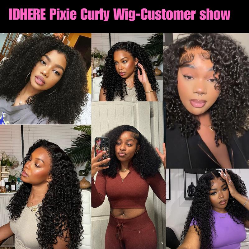 IDHERE Curly Hair 13x4 Lace Front Wig Pixie Cut Wig Human Hair Preplucked with Baby Hair, 10A Pixie Curly Wig Brazilian Human Hair, Super Double Drawn 200% Density