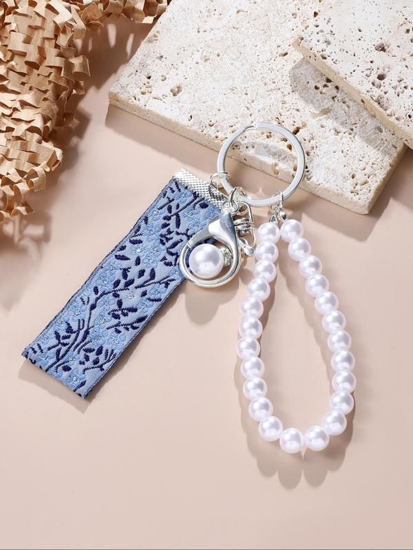 Floral Embroidery Tape & Faux Pearl Decor Keychain, Elegant Keychain for Women & Girls, Fashion Accessories for Daily Use, Trendy All-match & Exquisite Keychain for Birthday Gift