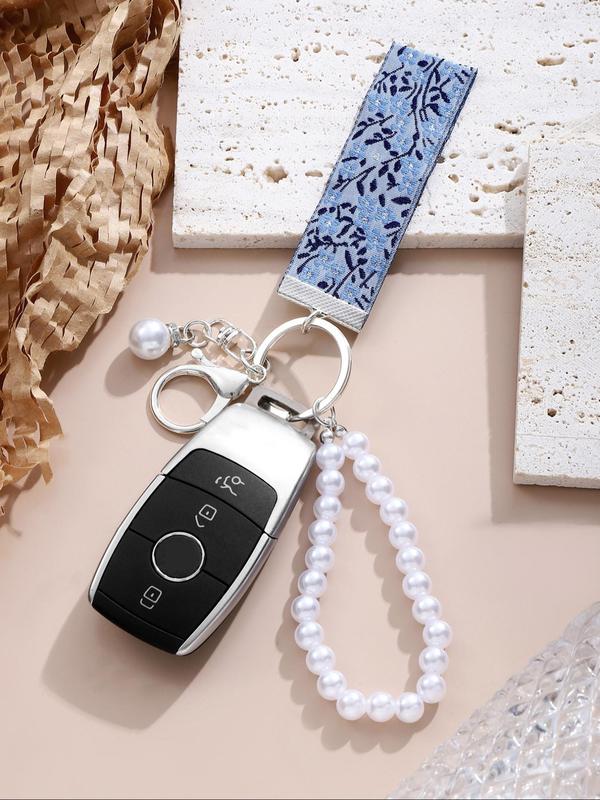 Floral Embroidery Tape & Faux Pearl Decor Keychain, Elegant Keychain for Women & Girls, Fashion Accessories for Daily Use, Trendy All-match & Exquisite Keychain for Birthday Gift