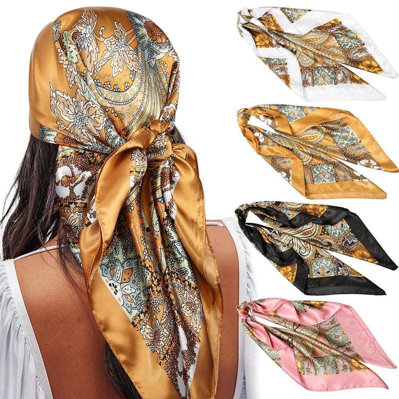 4PCS Set 35'' Printed Square Head Scarf Neck Scarves for Women Silk Like Hair Kerchief Bandanas Neck Scarf Sleeping Head Wraps Hair Band Headscarf Female Hair Accessories