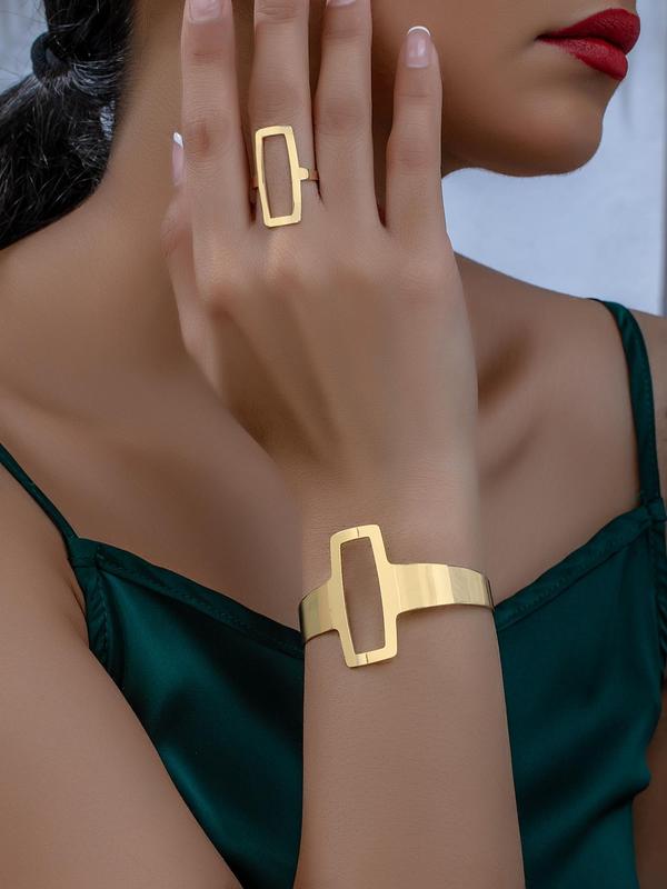 Women's Elegant Hollow Out Geometric Design Ring & Cuff Bracelet, Fashion Jewelry for Party, Daily Decor, Trendy All-match & Exquisite Jewelry for Birthday Gift