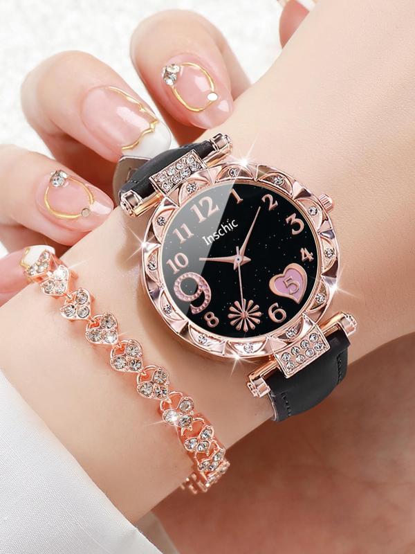 Summer 2024 Elegant Round Dial Quartz Watch & Bracelet, Sparkly Luxury Heart Design Bracelet, Rhinestone Decor Wristwatch for Women & Girls for Gift without Box Gift