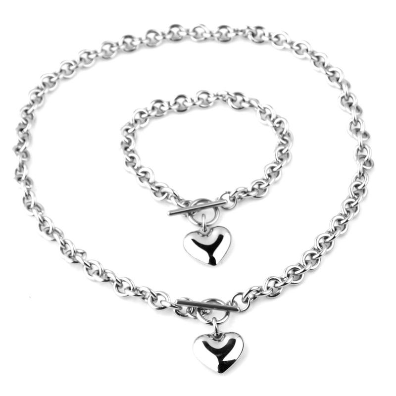 Vintage Stainless Steel O-Link Heart Necklace & Bracelet Set for Women - Perfect Autumn Gift for Girlfriend - Romantic Love Necklace with Matching Charm Bracelet and Earrings Y55