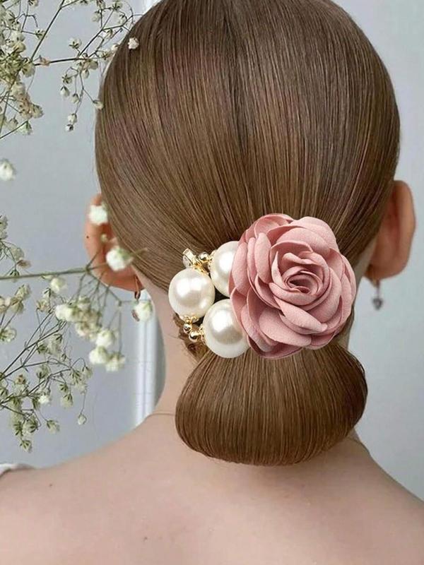 Faux Pearl Decorated Flower Design Hair Tie, Elegant Hair Accessories for Women & Girls, Minimalist Headwear Suitable for Thick Hair