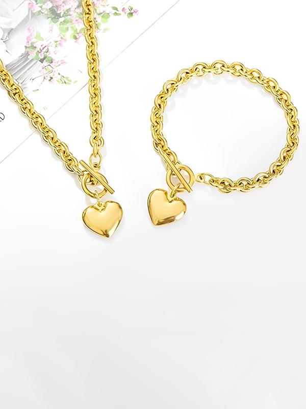 Cute Heart Shaped Pendant Necklace & Bracelet, Stainless Steel Jewelry Set for Party, Daily Decor, Trendy All-match & Exquisite Jewelry for Birthday Gift