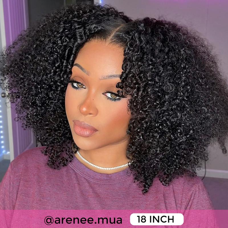 CurlyMe Wear Go Glueless Afro Kinky Curly Pre-Bleached Pre-cut HD Lace Front Wig - Natural Black