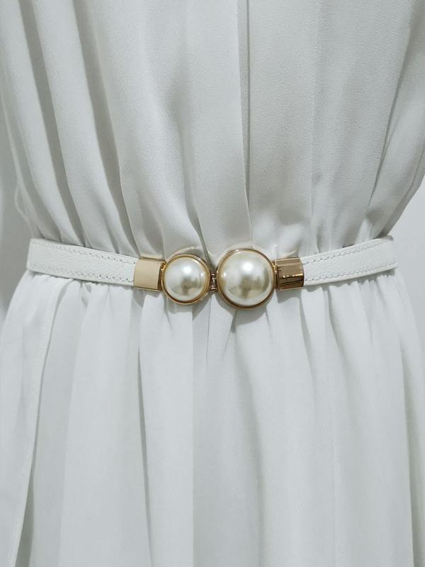 Women's Faux Pearl Decorated Chain Belt, Fashion Simple Solid Color Belt for Dress, Trendy Pu Leather Belt for Birthday Gift