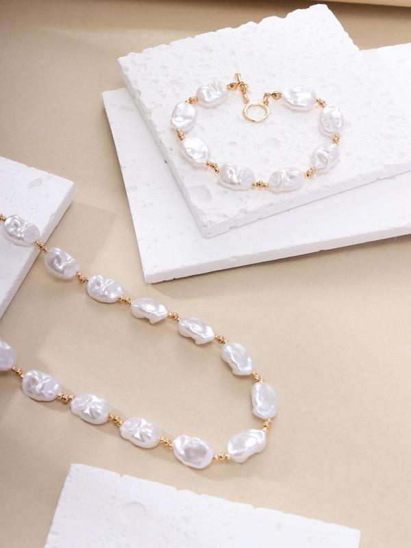 Women's Elegant Faux Pearl Decorative Jewelry Set, 2pcs Fashion Baroque Style Faux Pearl Beaded Necklace and Bracelet, Sweet Versatile Accessories for Girls, Great Gift Idea