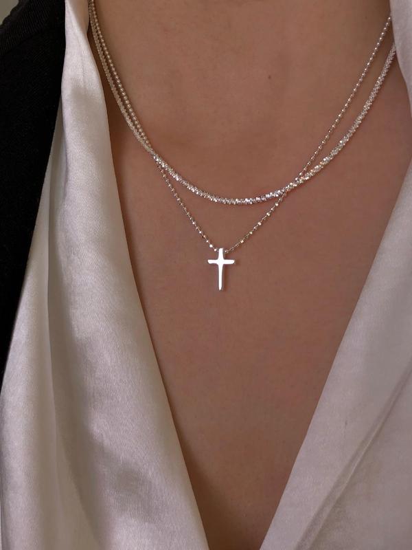 2pcs set Women's Simple Rhinestone Cross Design Pendant Chain Necklace, Casual Matching Jewelry for Party, Daily Clothing Decor