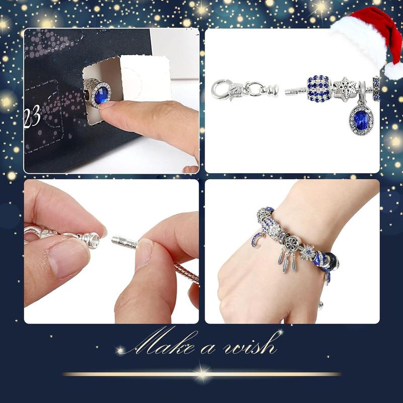 Christmas Jewelry Advent Calendar 2024, Christmas Countdown Calendar Jewelry Kit for Women - Includes 22 Pendant Beads Jewelry, 1 Necklace, 1 Bracelet, Silver Blue