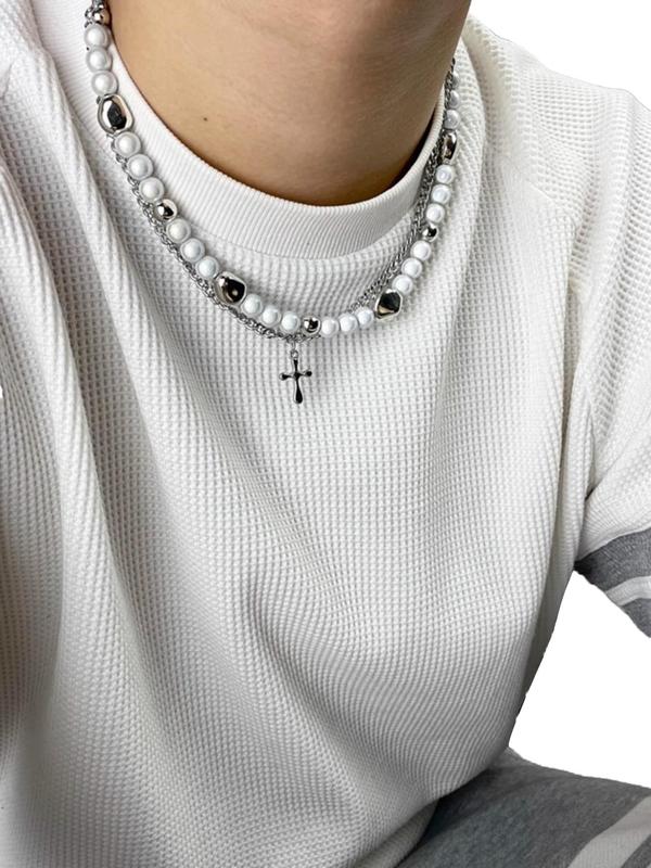 Men's Punk Style Faux Pearl Decorated Cross Pendant Necklace,  Casual Matching Trendy Layered Necklace, Fashion Accessories for Party & Daily Wear