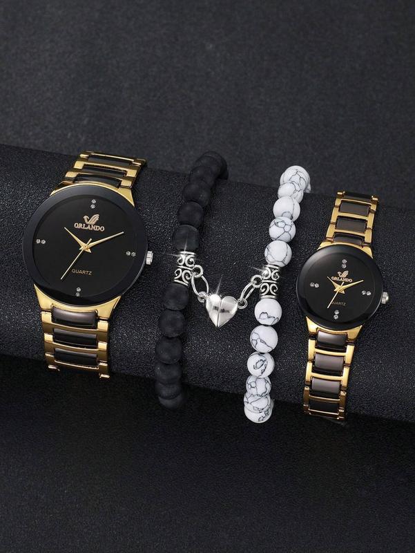 Couple Stainless Steel Strap Fashionable Simple Diamond-Studded Dial Quartz Watches + Heart Beaded Bracelet Set (4pcs Set)