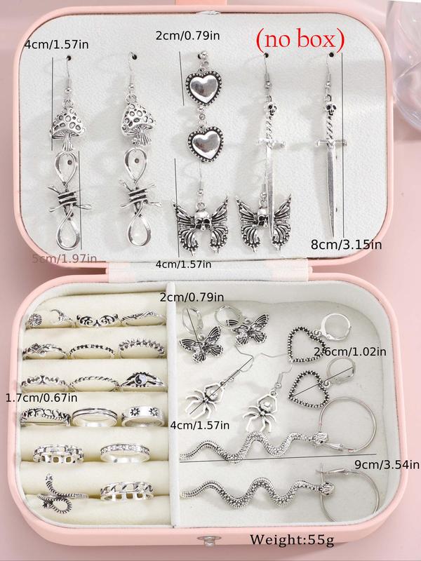 Punk Style Butterfly & Heart & Snake & Spider Design Jewelry Set (34pcs set), Fashionable Dangle Earrings & Rings for Women & Girls As Birthday Gift