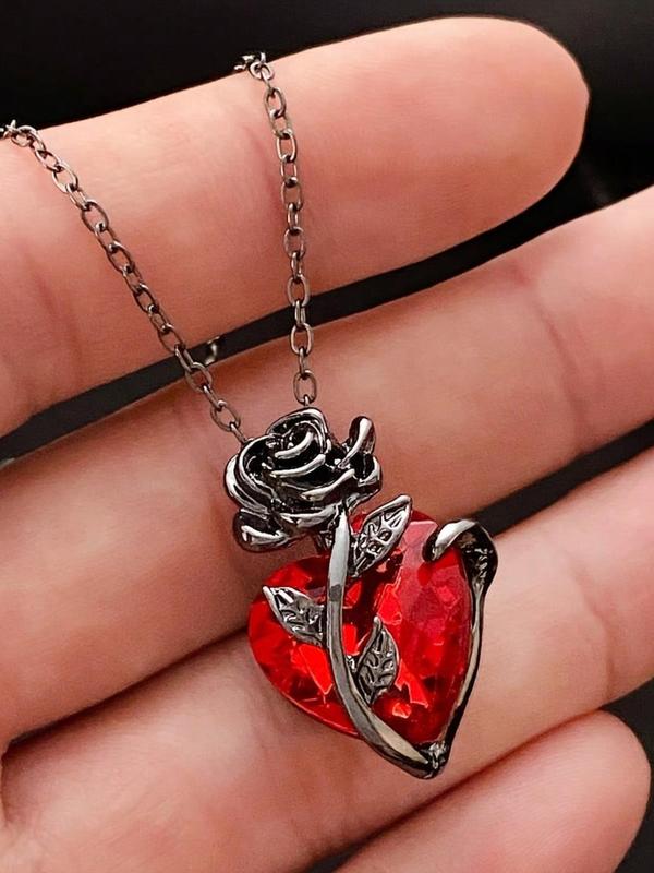 Unisex Street Style Heart Shaped Pendant Necklace, Trendy Rose Design Pendant Necklace, Fashionable Goth Jewelry for Men & Women As Gift