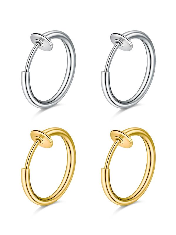 Simple Stainless Steel No Piercing Earring, 2 Pairs Fashionable Earrings for Women & Men for Party, Daily Clothing Decor, Trendy All-match & Exquisite Jewelry for Birthday Gift