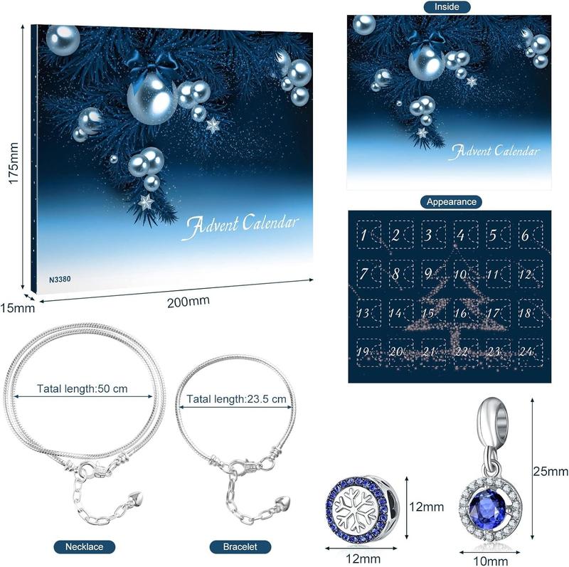 Christmas Jewelry Advent Calendar 2024, Christmas Countdown Calendar Jewelry Kit for Women - Includes 22 Pendant Beads Jewelry, 1 Necklace, 1 Bracelet, Silver Blue