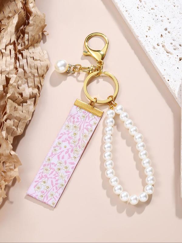 Floral Embroidery Tape & Faux Pearl Decor Keychain, Elegant Keychain for Women & Girls, Fashion Accessories for Daily Use, Trendy All-match & Exquisite Keychain for Birthday Gift