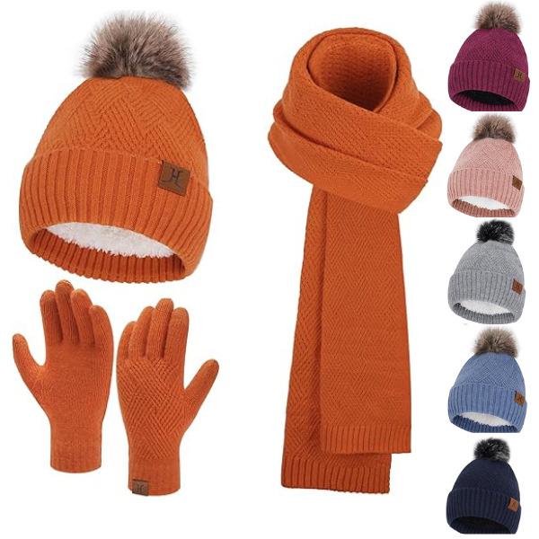 Christmas Gifts Beanie Hat Long Scarf Touchscreen Gloves Set with Fleece Lined Pom Skull Cap Gifts for Women