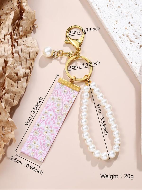 Floral Embroidery Tape & Faux Pearl Decor Keychain, Elegant Keychain for Women & Girls, Fashion Accessories for Daily Use, Trendy All-match & Exquisite Keychain for Birthday Gift