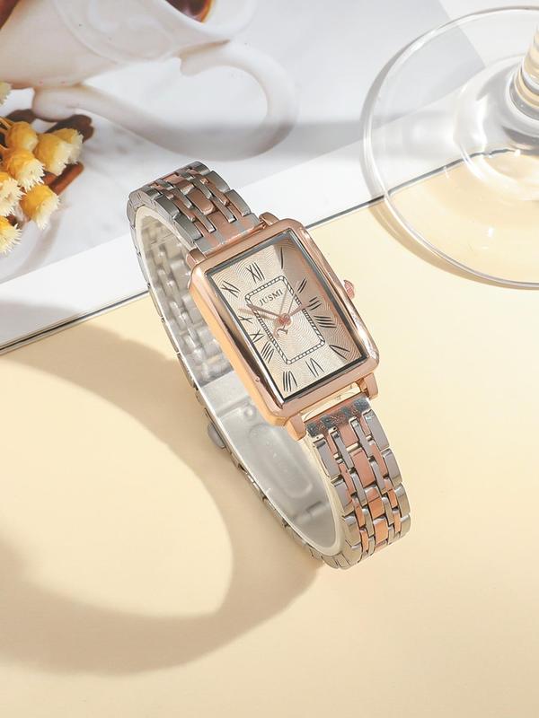 Women's Elegant Rhinestone Decorated Rectangle Dial Quartz Watch, Fashionable Watch for Women & Girls, Trendy All-match & Exquisite Watch for Birthday Gift, without Box