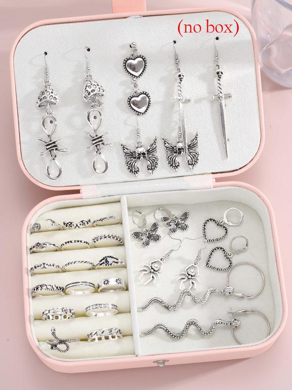 Punk Style Butterfly & Heart & Snake & Spider Design Jewelry Set (34pcs set), Fashionable Dangle Earrings & Rings for Women & Girls As Birthday Gift