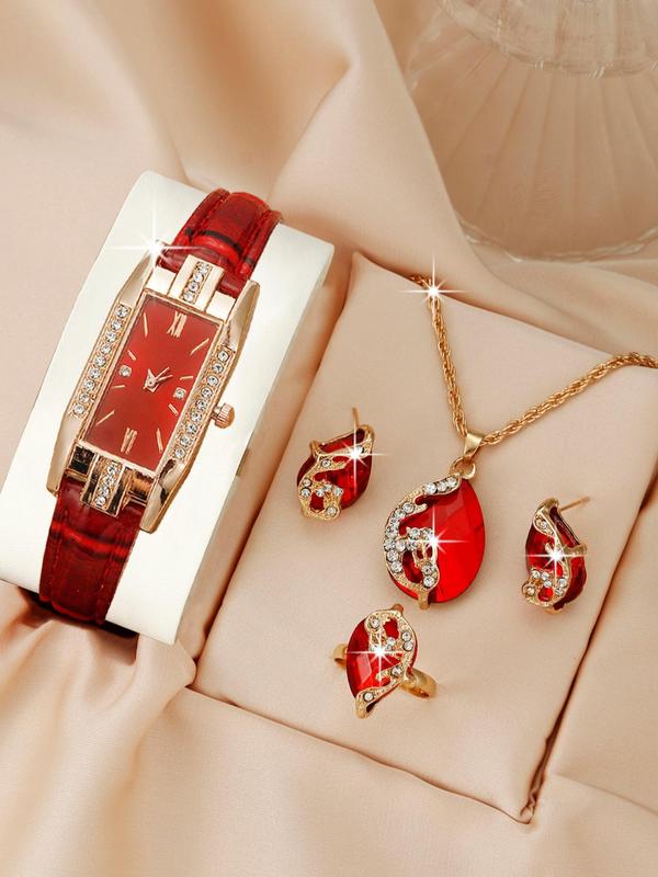 Elegant Rhinestone Decor Square Shape Watch Set, 5 Counts Trendy Wristwatch & Water Drop Pendant Necklace & Ring & Dangle Earrings As Gift without Box