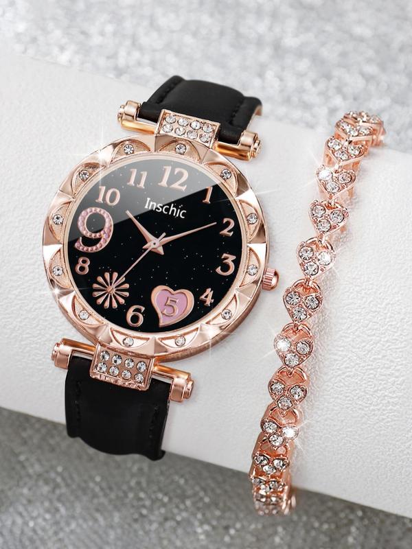 Summer 2024 Elegant Round Dial Quartz Watch & Bracelet, Sparkly Luxury Heart Design Bracelet, Rhinestone Decor Wristwatch for Women & Girls for Gift without Box Gift