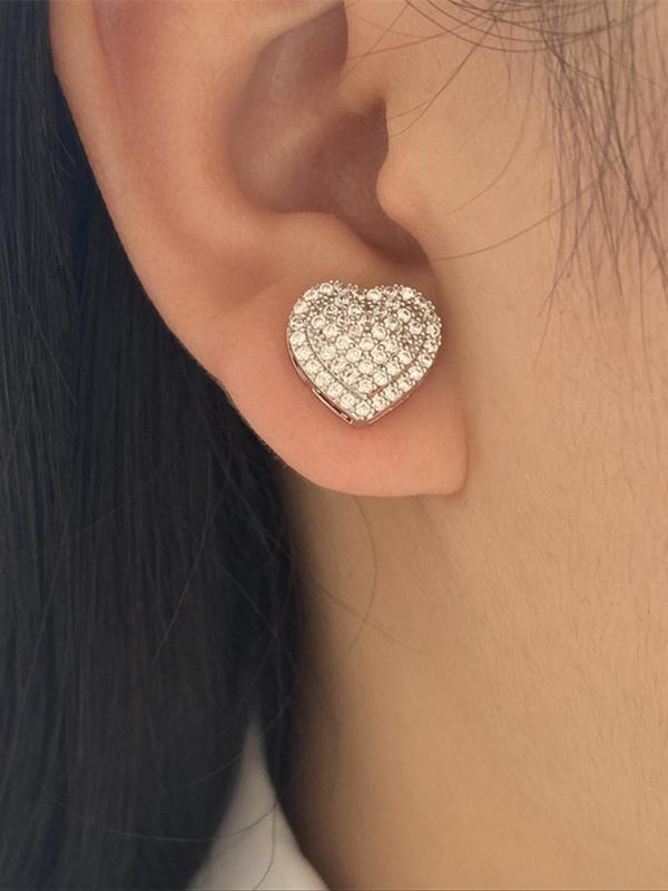 Elegant Heart Shaped Stud Earrings, 2024 Fall New Style Rhinestone Decor Stud Earrings, Fashion Cool Female Jewelry for Women for Gift Back To School, Fall Outfits, Fall Freshness