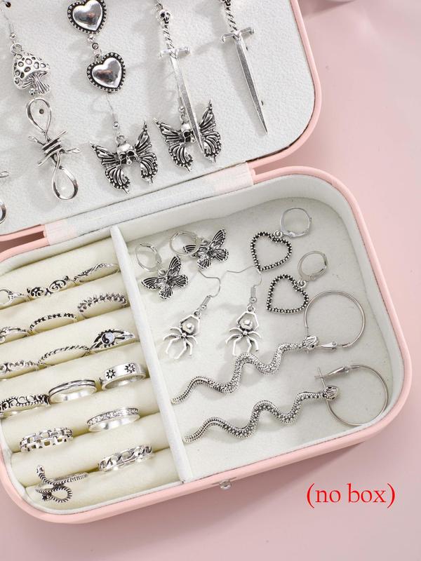 Punk Style Butterfly & Heart & Snake & Spider Design Jewelry Set (34pcs set), Fashionable Dangle Earrings & Rings for Women & Girls As Birthday Gift