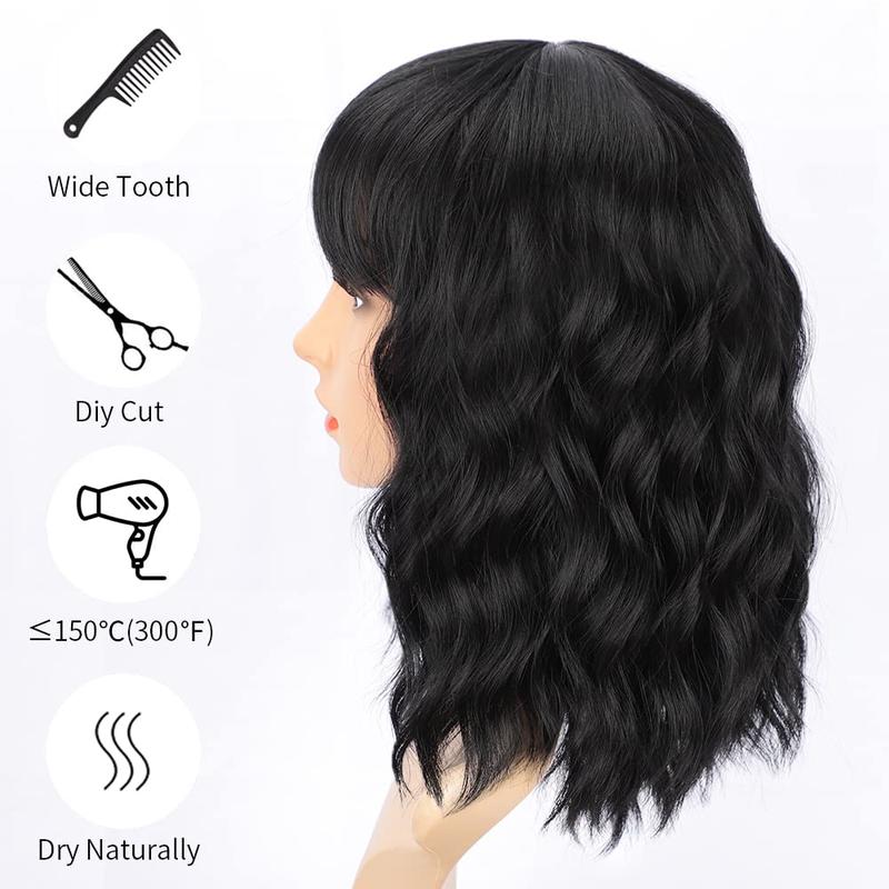 Nnzes Black Bob Curly Wig Synthetic Short Wig with Bangs Natural Looking Heat Resistant Fiber Hair for Women