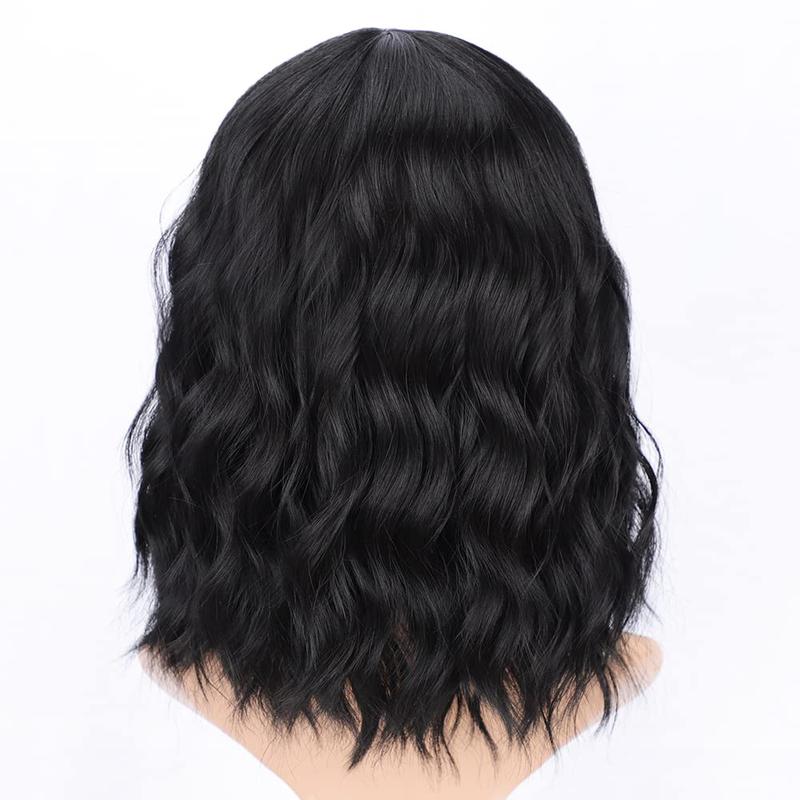 Nnzes Black Bob Curly Wig Synthetic Short Wig with Bangs Natural Looking Heat Resistant Fiber Hair for Women