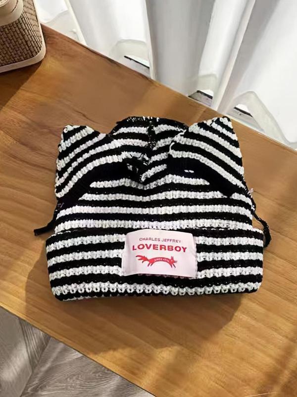 Cute Cat Ear Design Beanie Hat, Y2K Handmade Upgrade Cute Knit Hat, Striped & Polka Dot Pattern Fashionable Beanie Hat for All Seasons, Birthday Outfits