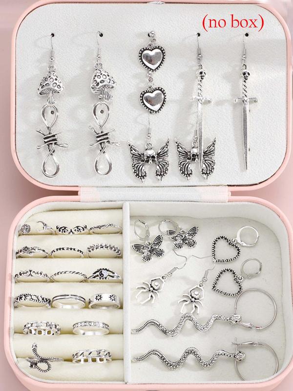 Punk Style Butterfly & Heart & Snake & Spider Design Jewelry Set (34pcs set), Fashionable Dangle Earrings & Rings for Women & Girls As Birthday Gift