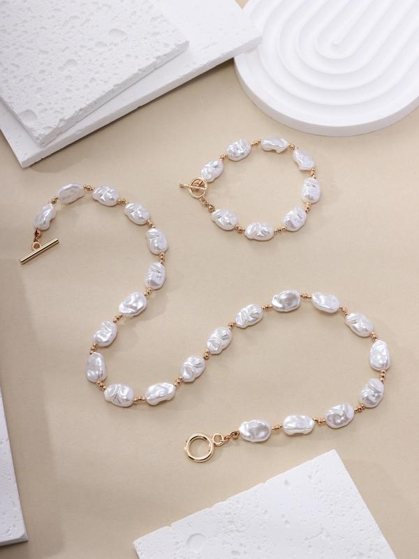 Women's Elegant Faux Pearl Decorative Jewelry Set, 2pcs Fashion Baroque Style Faux Pearl Beaded Necklace and Bracelet, Sweet Versatile Accessories for Girls, Great Gift Idea