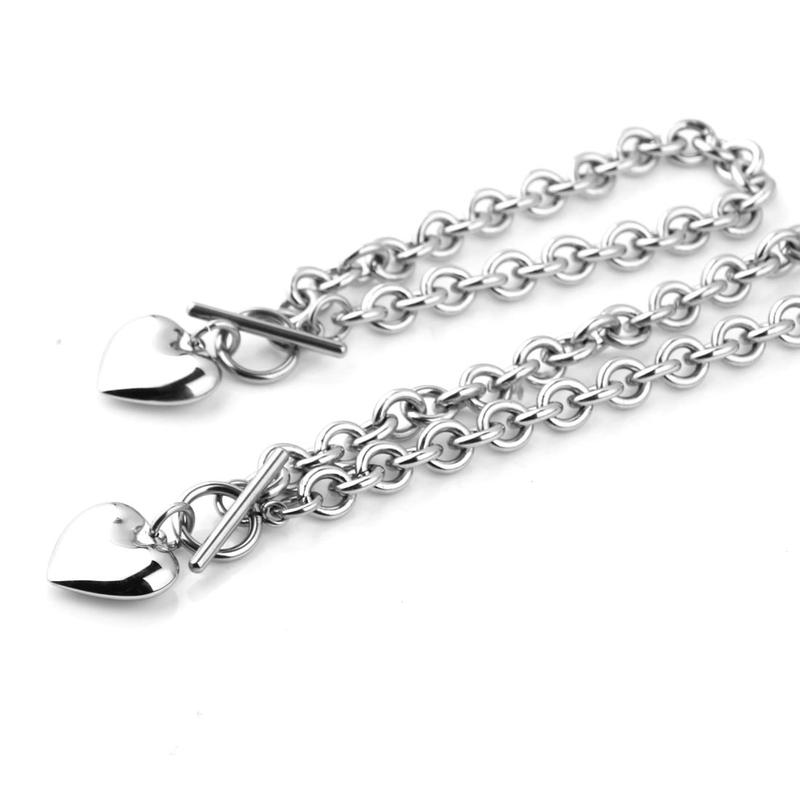 Vintage Stainless Steel O-Link Heart Necklace & Bracelet Set for Women - Perfect Autumn Gift for Girlfriend - Romantic Love Necklace with Matching Charm Bracelet and Earrings Y55